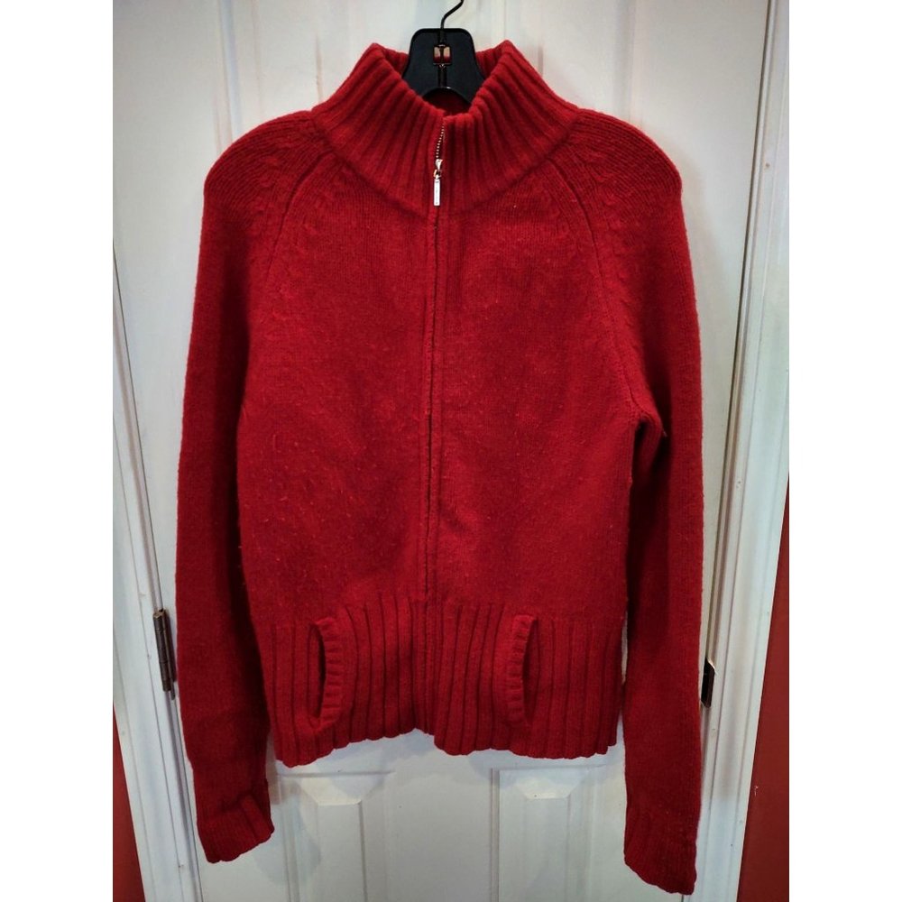 Tommy Hilfiger Lambswool Sweater Cardigan Womens Large Red Full Zip Mock Neck